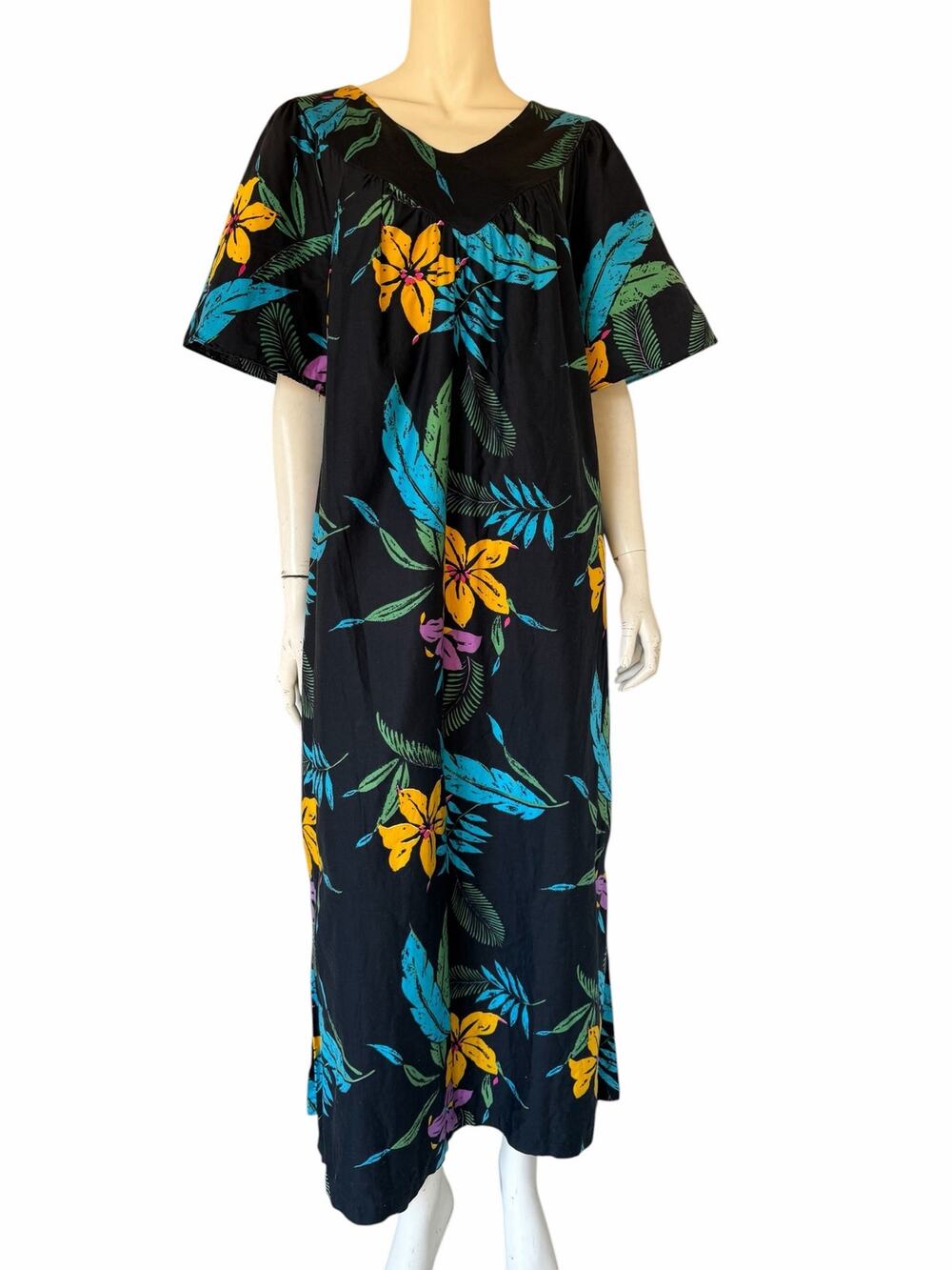 Vintage 70s Sears Tropical Maxi Dress Cotton Navy Yellow Purple Misses sz M